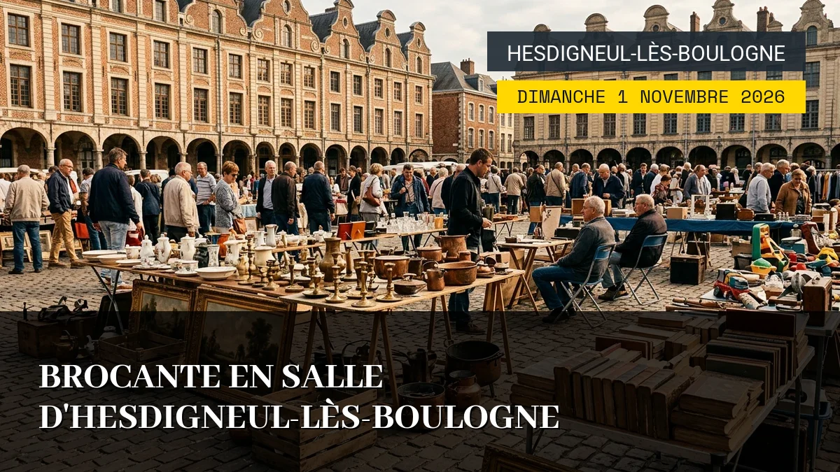 Affiche de l'événement : Brocante en salle d&rsquo;Hesdigneul-lès-Boulogne – Dimanche 1 Novembre 2026