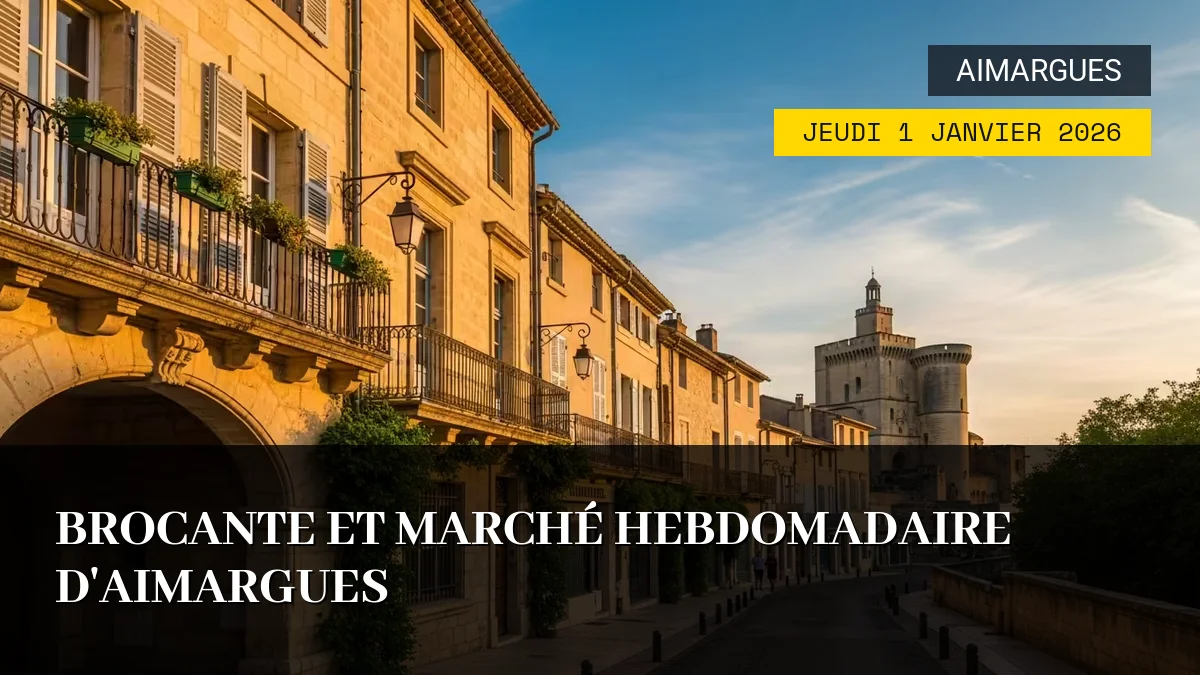 Affiche de l'événement : Brocante et Marché Hebdomadaire d&rsquo;Aimargues – Jeudi 1 Janvier 2026