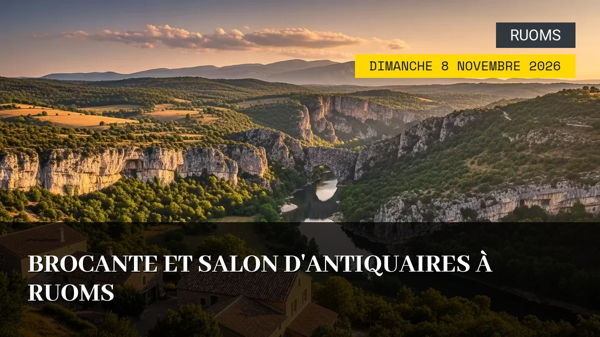 Affiche de l'événement : Brocante et Salon d&rsquo;Antiquaires à Ruoms – Dimanche 8 Novembre 2026