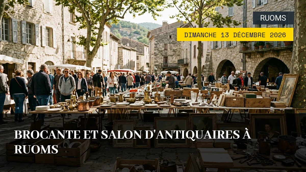 Affiche de l'événement : Brocante et Salon d&rsquo;Antiquaires à Ruoms – Dimanche 13 Décembre 2026