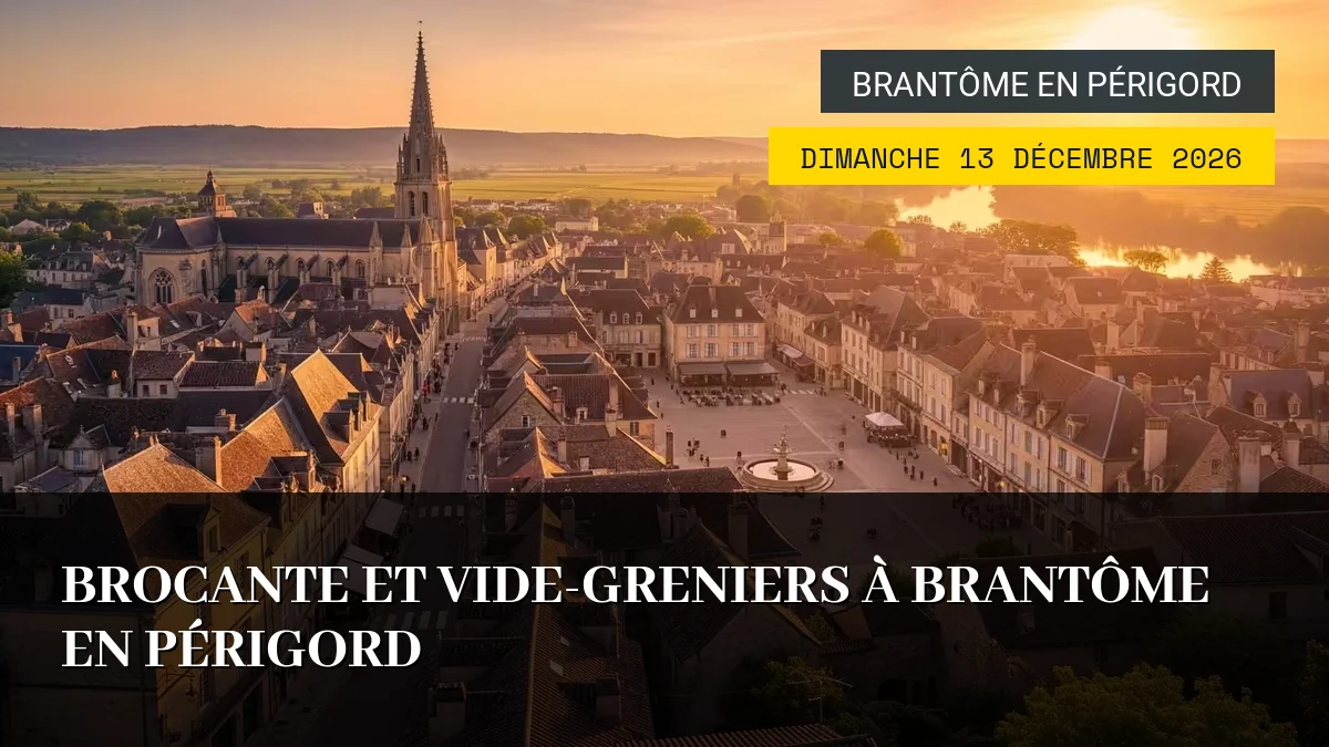 Affiche de l'événement : Brocante et Vide-Greniers à Brantôme en Périgord – Dimanche 13 Décembre 2026