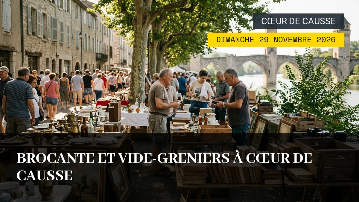 Affiche de l'événement : Brocante et Vide-Greniers à Cœur de Causse – Dimanche 29 Novembre 2026
