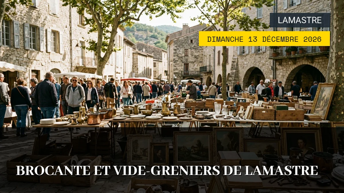 Affiche de l'événement : Brocante et Vide-Greniers de Lamastre – Dimanche 13 Décembre 2026