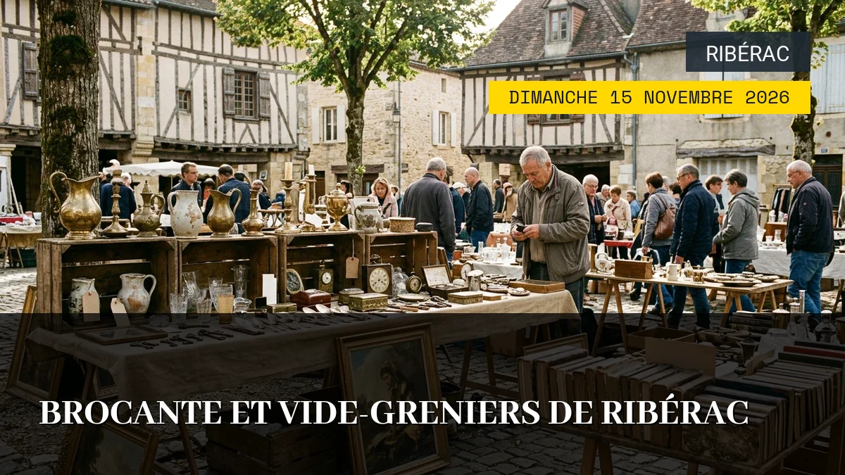 Affiche de l'événement : Brocante et Vide-Greniers de Ribérac – Dimanche 15 Novembre 2026