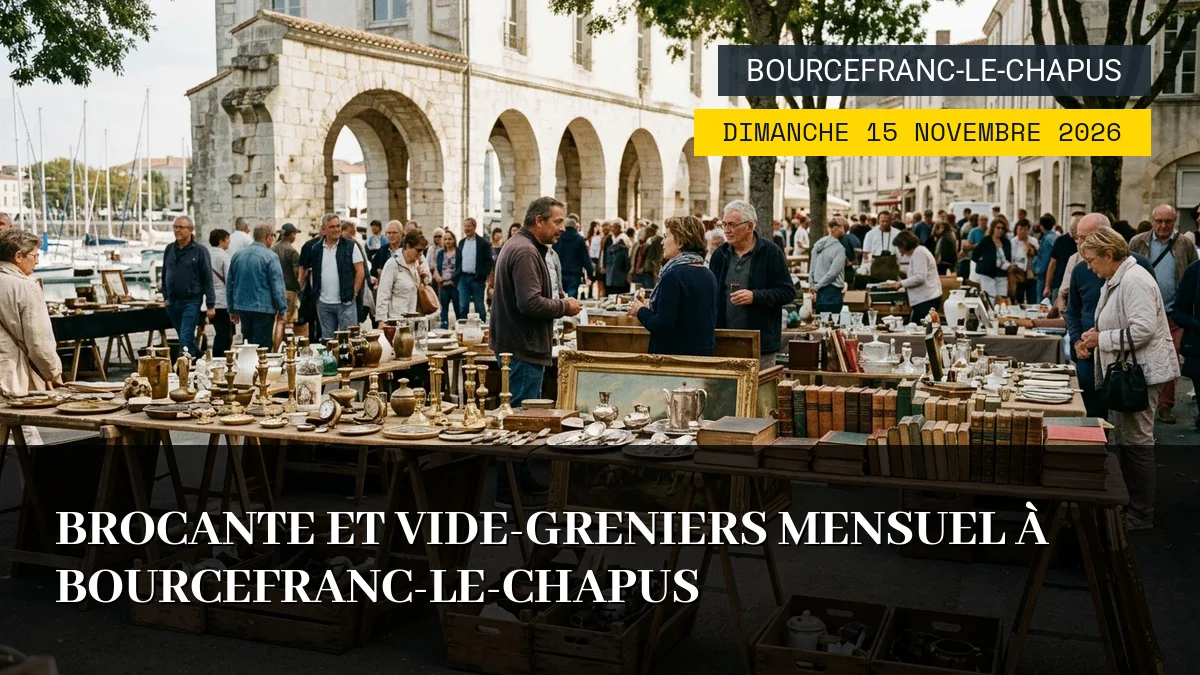 Affiche de l'événement : Brocante et Vide-Greniers Mensuel à Bourcefranc-le-Chapus – Dimanche 15 Novembre 2026