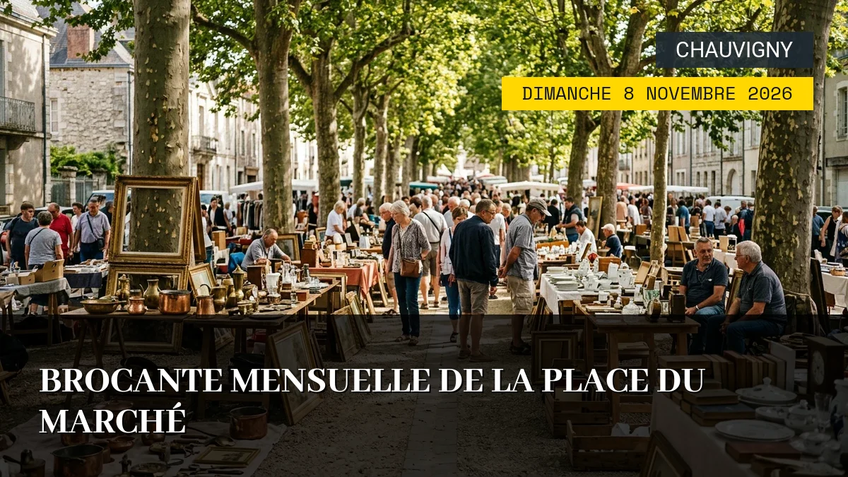 Affiche de l'événement : Brocante Mensuelle de la Place du Marché – Dimanche 8 Novembre 2026