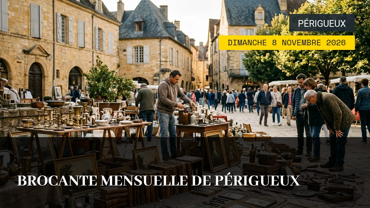Affiche de l'événement : Brocante Mensuelle de Périgueux – Dimanche 8 Novembre 2026