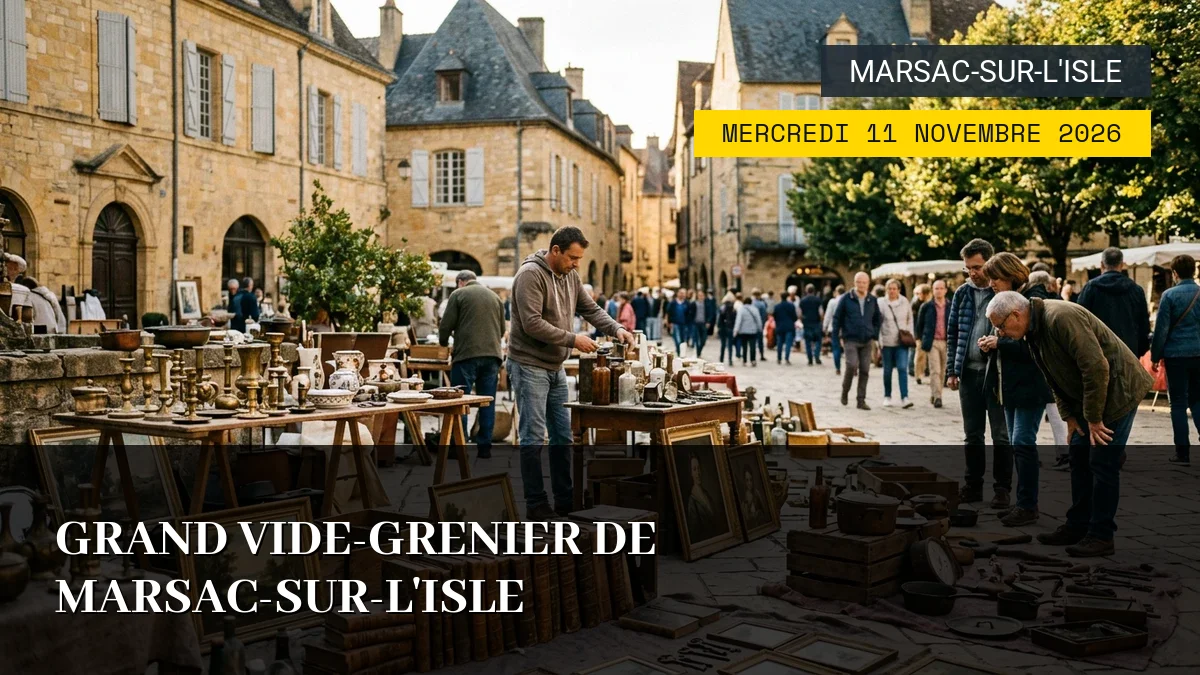 Affiche de l'événement : Grand Vide-Grenier de Marsac-sur-l&rsquo;Isle – Mercredi 11 Novembre 2026