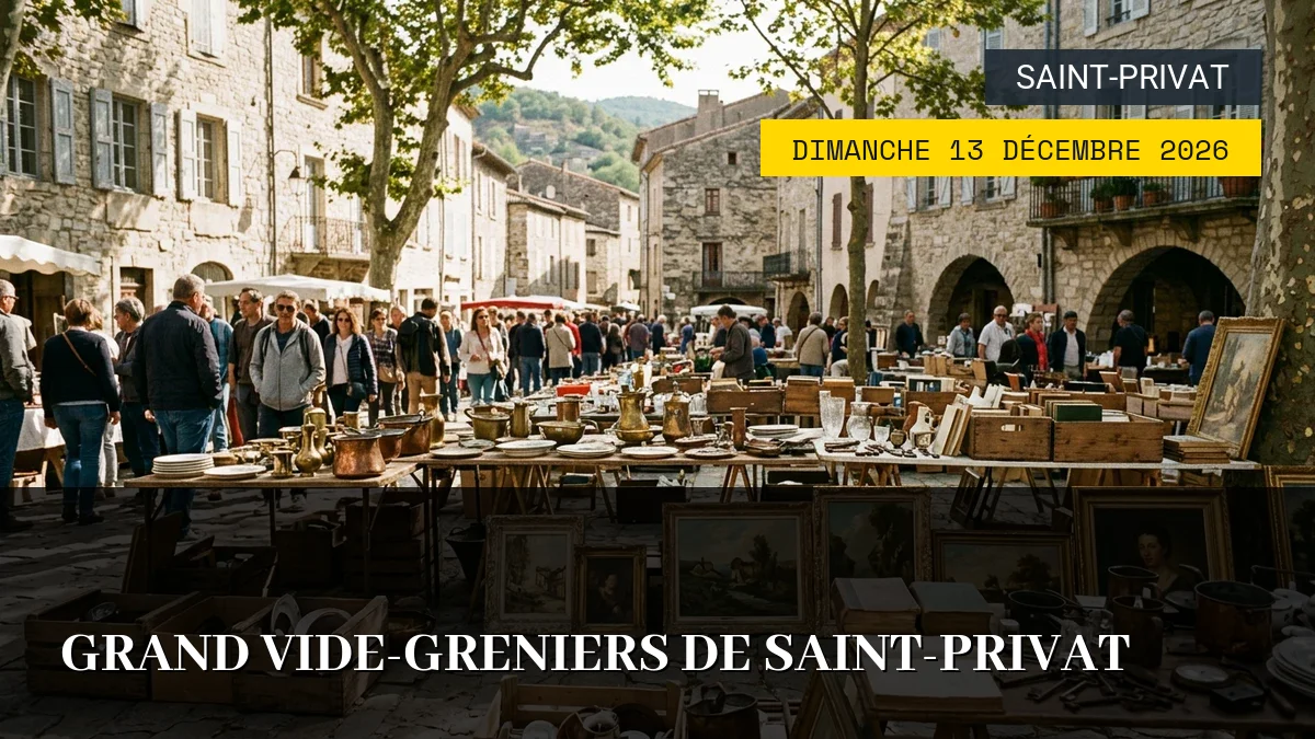Affiche de l'événement : Grand Vide-Greniers de Saint-Privat – Dimanche 13 Décembre 2026