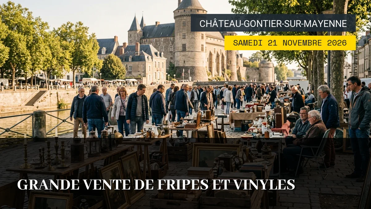 Affiche de l'événement : Grande Vente de Fripes et Vinyles – Samedi 21 Novembre 2026