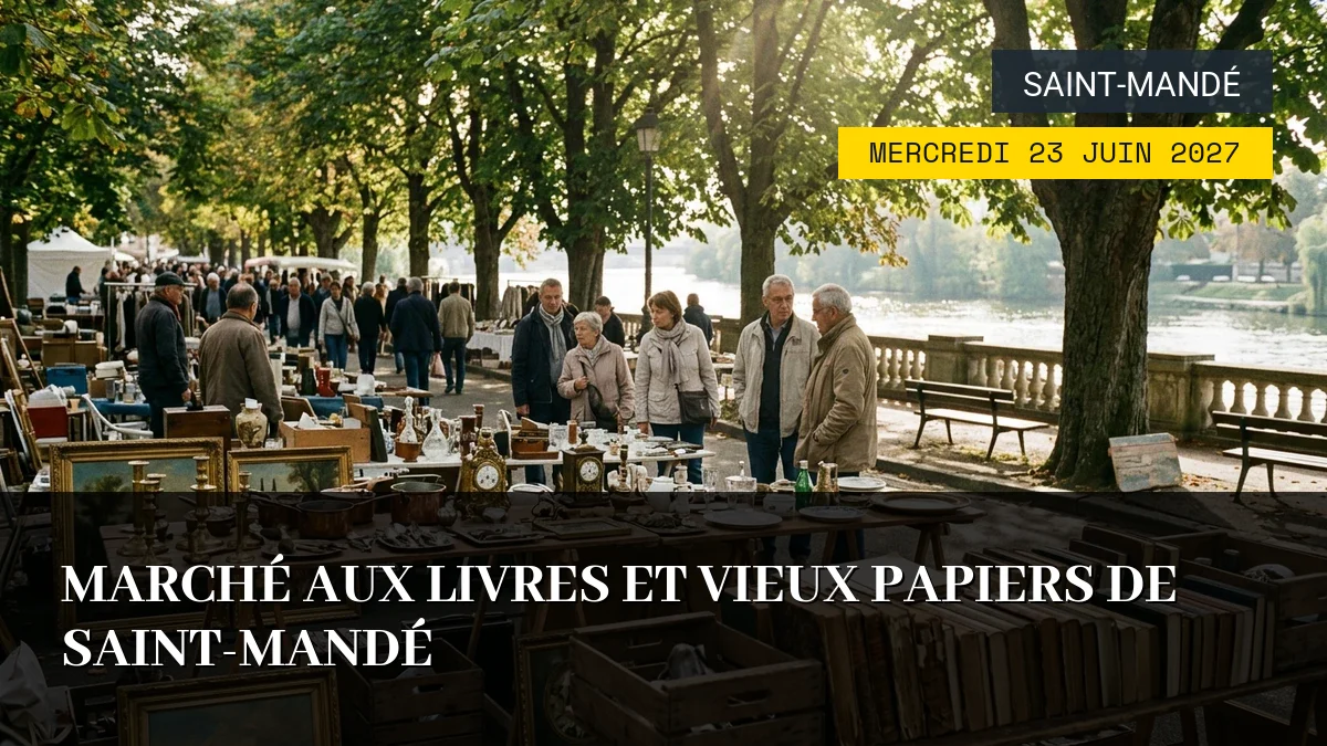 Affiche de l'événement : Marché aux Livres et Vieux Papiers de Saint-Mandé – Mercredi 23 Juin 2027
