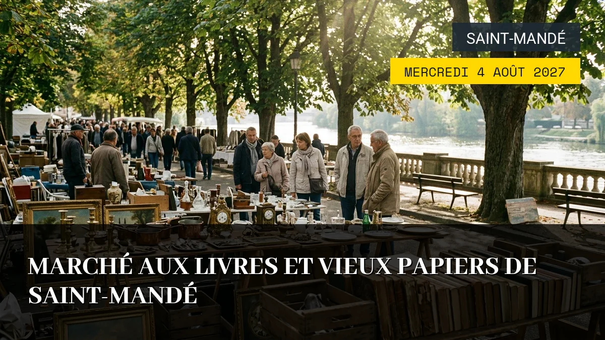 Affiche de l'événement : Marché aux Livres et Vieux Papiers de Saint-Mandé – Mercredi 4 Août 2027