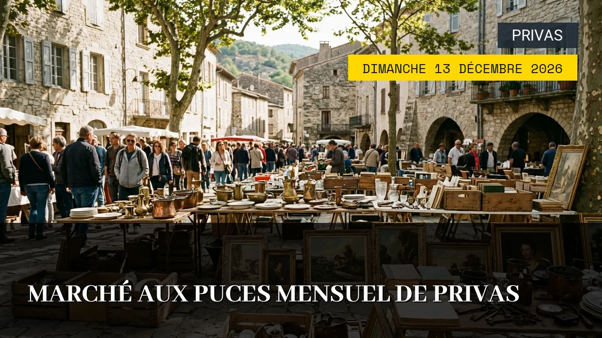 Affiche de l'événement : Marché aux Puces Mensuel de Privas – Dimanche 13 Décembre 2026