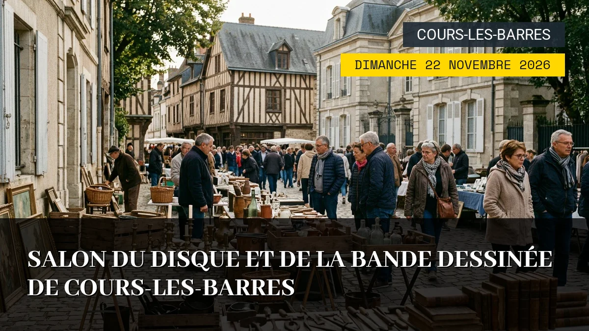 Affiche de l'événement : Salon du Disque et de la Bande Dessinée de Cours-les-Barres – Dimanche 22 Novembre 2026