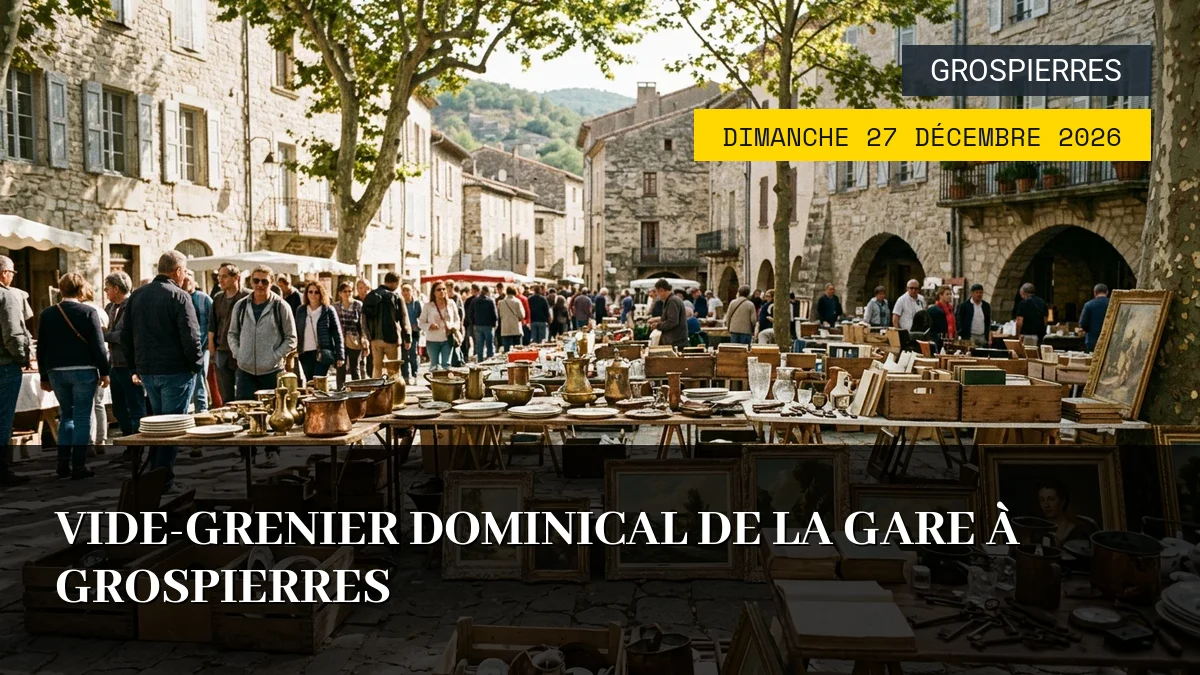 Affiche de l'événement : Vide-grenier dominical de la Gare à Grospierres – Dimanche 27 Décembre 2026