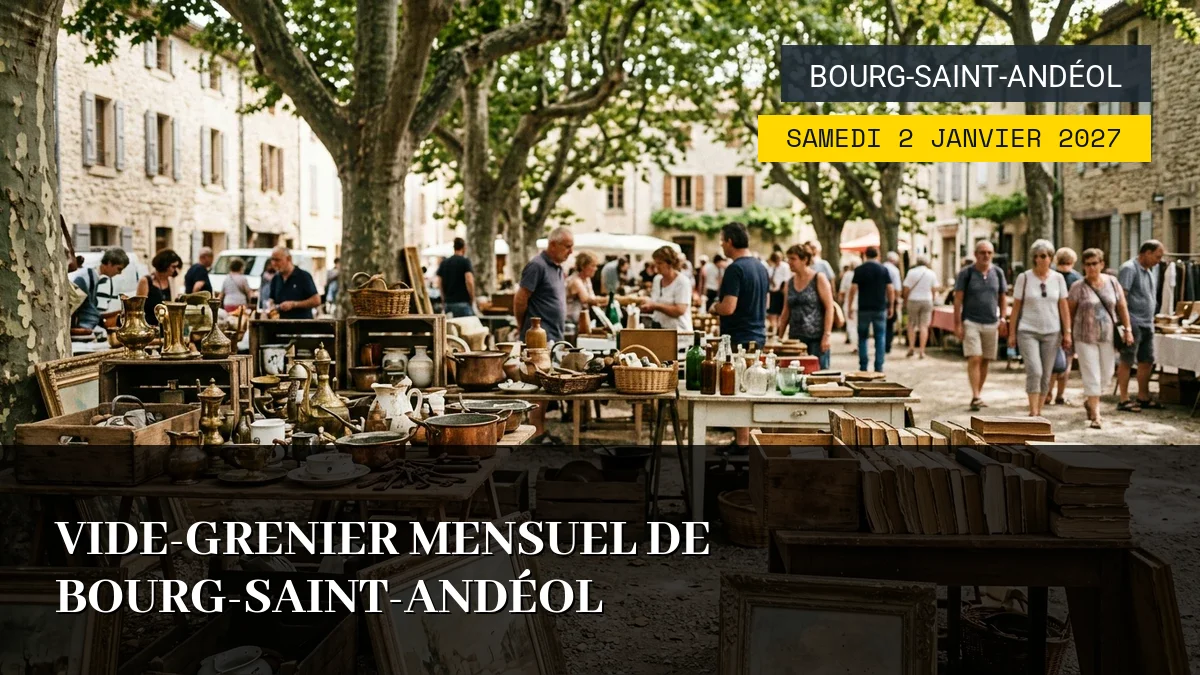 Affiche de l'événement : Vide-Grenier Mensuel de Bourg-Saint-Andéol – Samedi 2 Janvier 2027