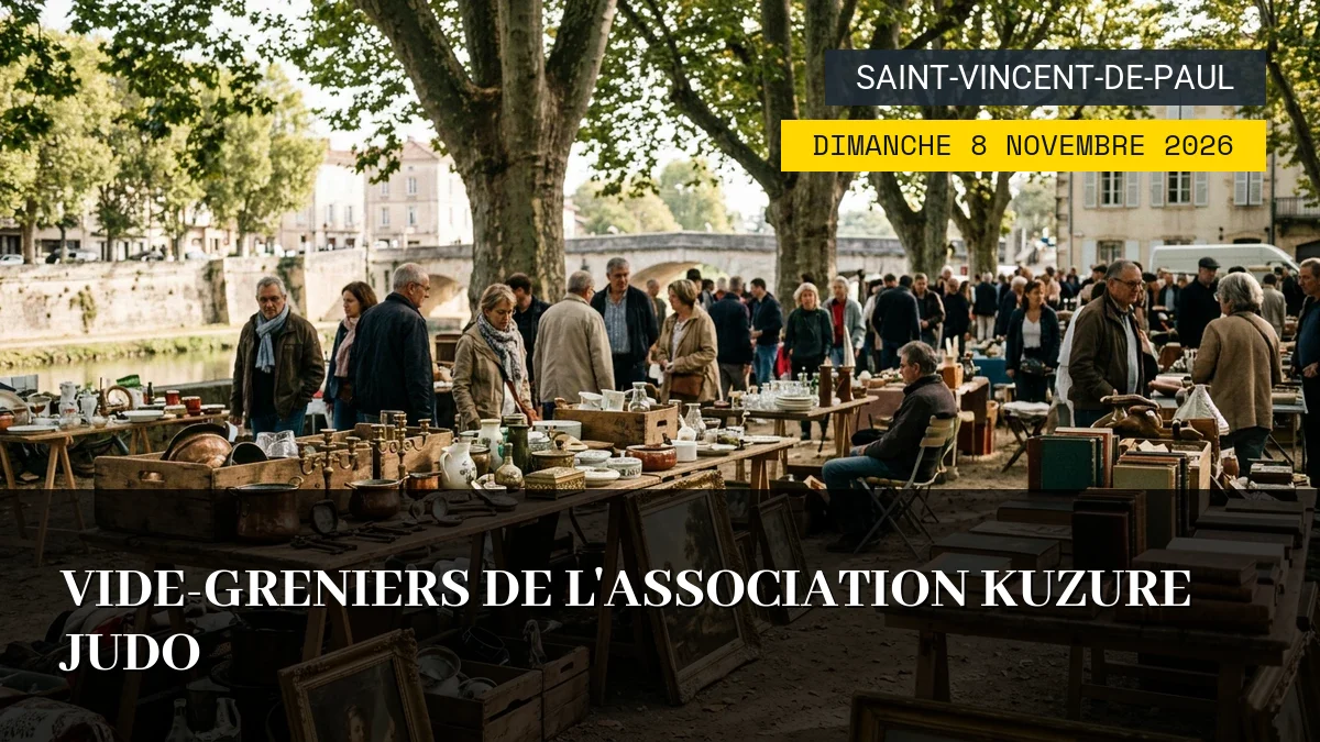 Affiche de l'événement : Vide-Greniers de l&rsquo;Association Kuzure Judo – Dimanche 8 Novembre 2026