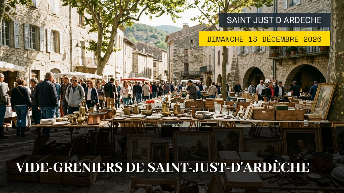Affiche de l'événement : Vide-Greniers de Saint-Just-d&rsquo;Ardèche – Dimanche 13 Décembre 2026