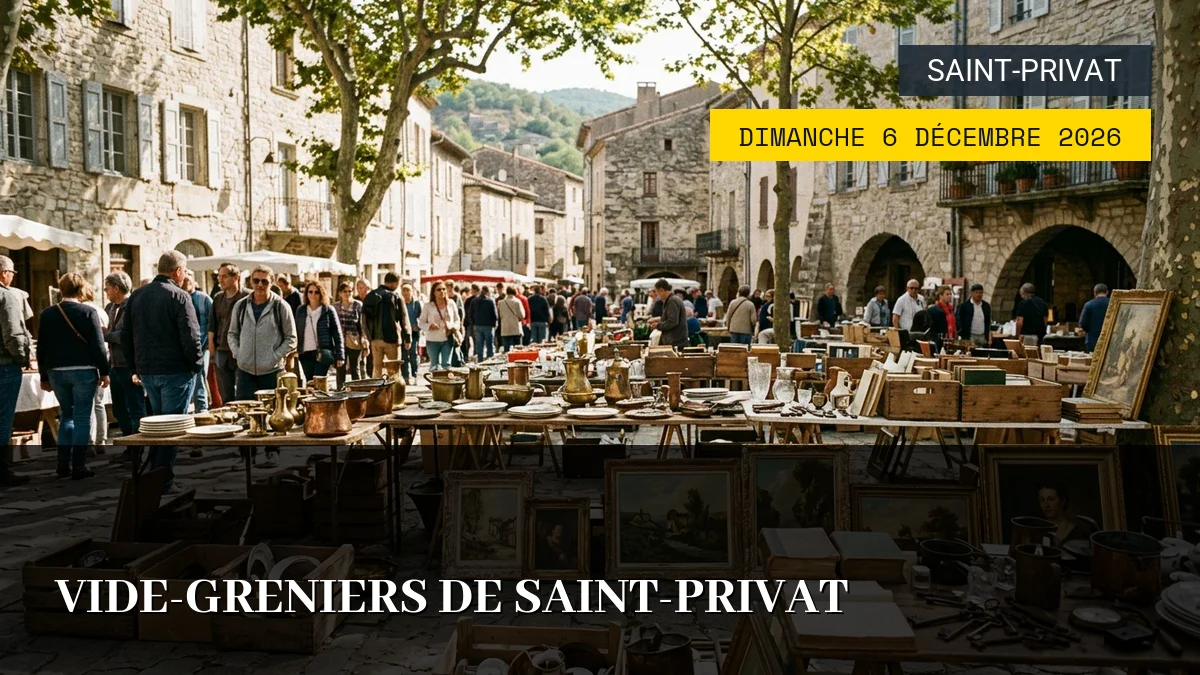 Affiche de l'événement : Vide-greniers de Saint-Privat – Dimanche 6 Décembre 2026
