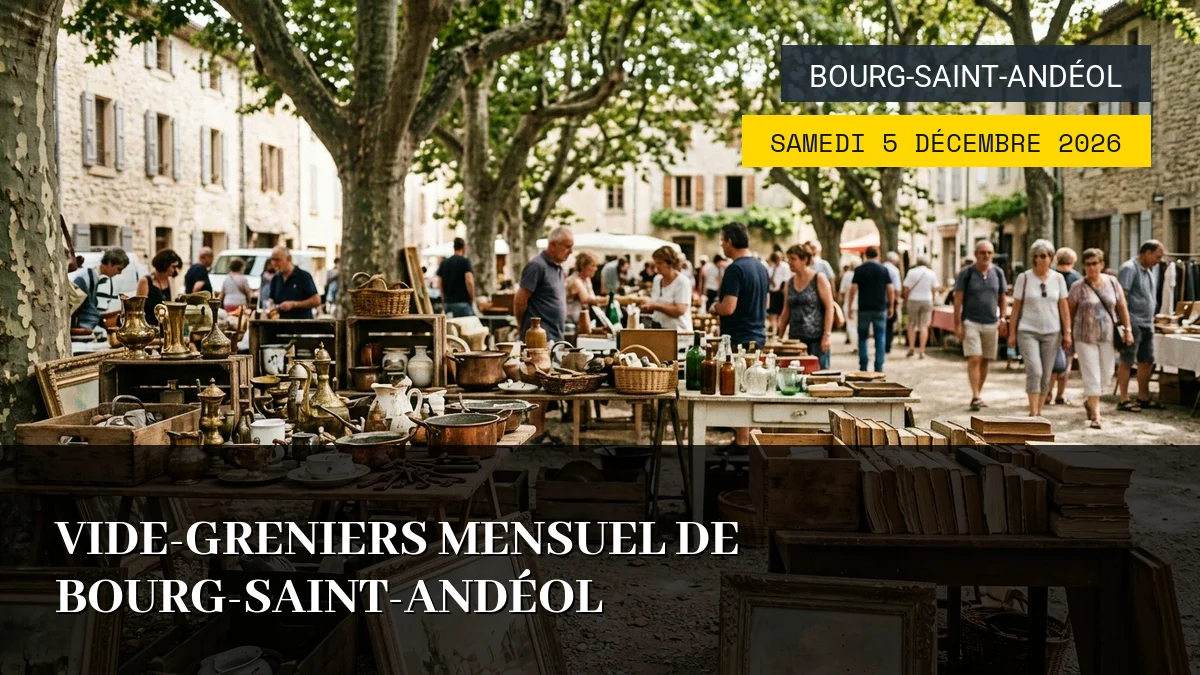 Affiche de l'événement : Vide-greniers Mensuel de Bourg-Saint-Andéol – Samedi 5 Décembre 2026