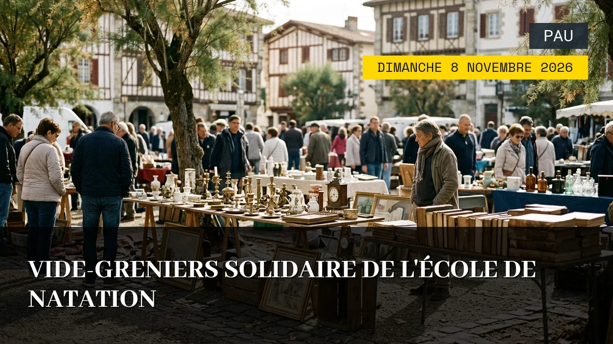 Affiche de l'événement : Vide-Greniers Solidaire de l&rsquo;École de Natation – Dimanche 8 Novembre 2026