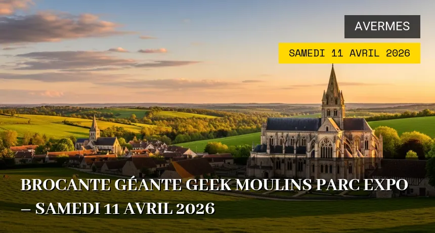 Affiche de l'événement : Brocante Géante Geek Moulins Parc Expo – Samedi 11 Avril 2026