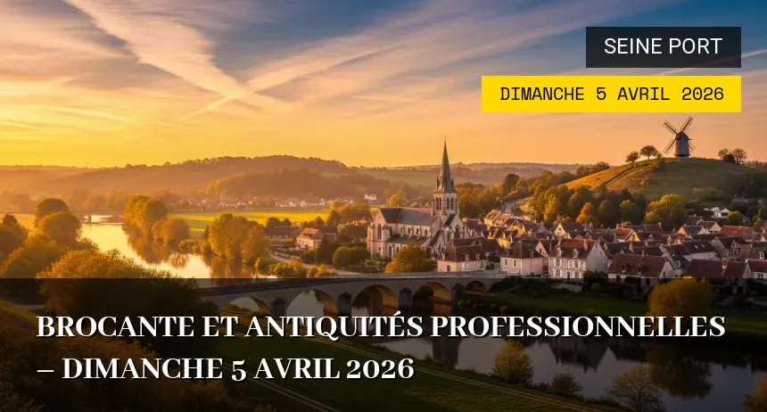 Affiche de l'événement : Brocante et Antiquités Professionnelles – Dimanche 5 Avril 2026