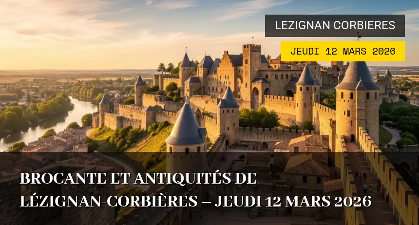 Affiche de l'événement : Brocante et Antiquités de Lézignan-Corbières – Jeudi 12 Mars 2026