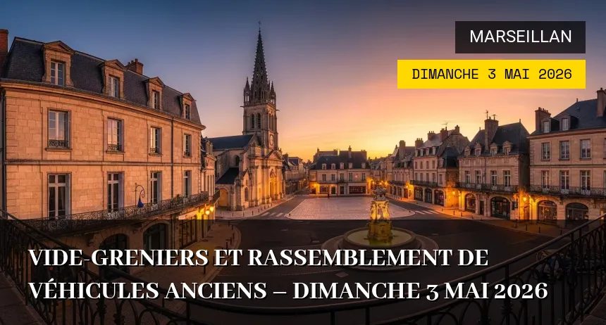 Affiche de l'événement : Vide-greniers et Rassemblement de Véhicules Anciens – Dimanche 3 Mai 2026