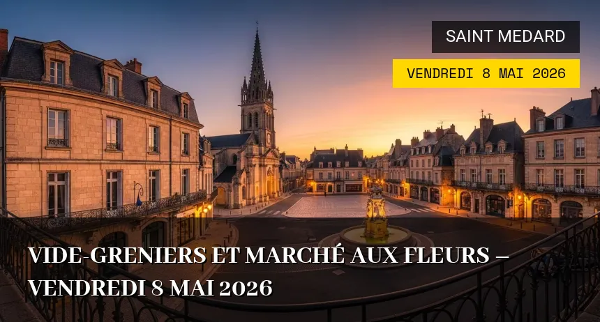 Affiche de l'événement : Vide-greniers et Marché aux Fleurs – Vendredi 8 Mai 2026
