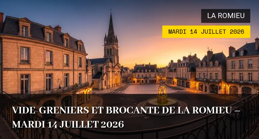 Affiche de l'événement : Vide-greniers et Brocante de La Romieu – Mardi 14 Juillet 2026