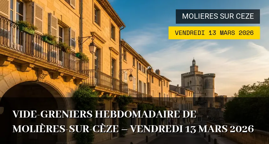 Affiche de l'événement : Vide-greniers hebdomadaire de Molières-sur-Cèze – Vendredi 13 Mars 2026