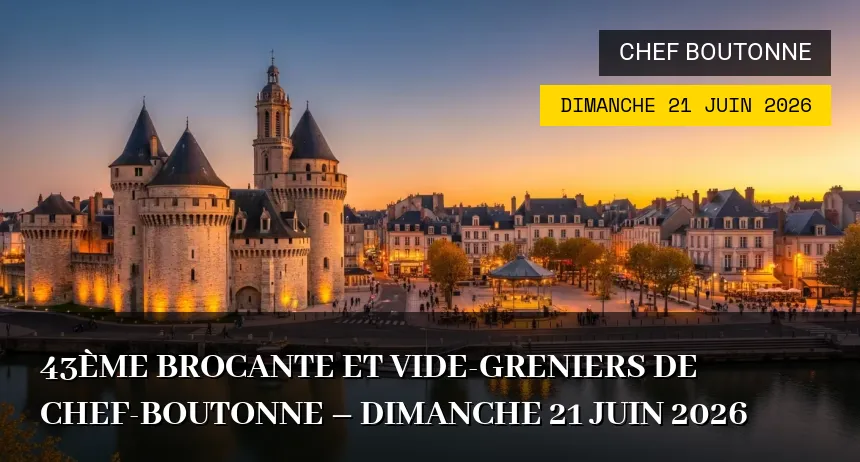 Affiche de l'événement : 43ème Brocante et Vide-greniers de Chef-Boutonne – Dimanche 21 Juin 2026