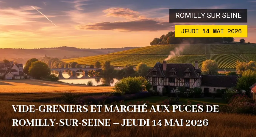 Affiche de l'événement : Vide-greniers et Marché aux Puces de Romilly-sur-Seine – Jeudi 14 Mai 2026