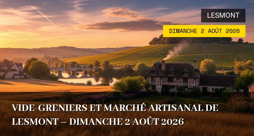 Affiche de l'événement : Vide-greniers et Marché Artisanal de Lesmont – Dimanche 2 Août 2026