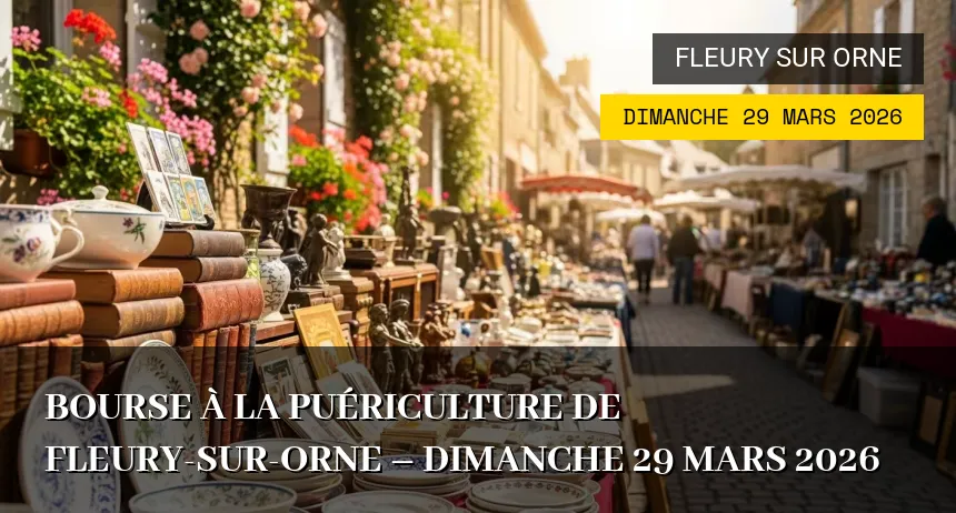 Affiche de l'événement : Bourse à la puériculture de Fleury-sur-Orne – Dimanche 29 Mars 2026