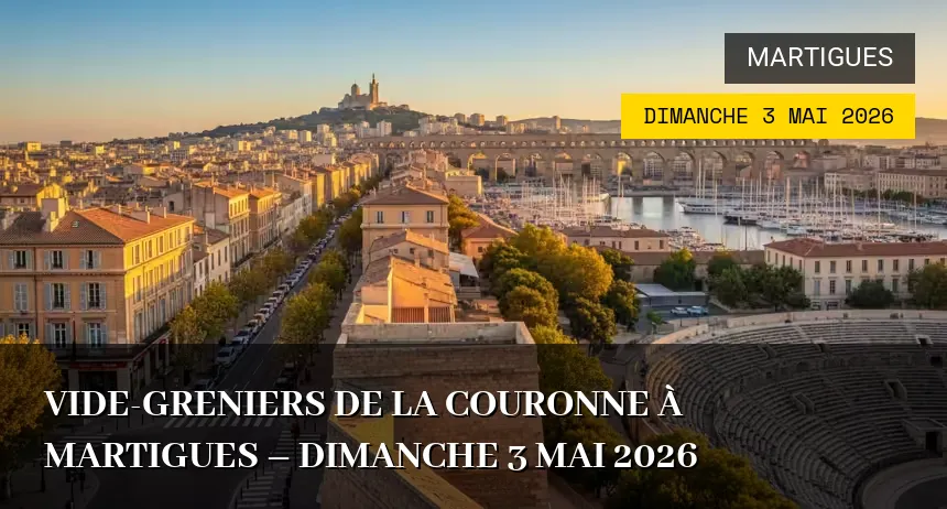 Affiche de l'événement : Vide-greniers de La Couronne à Martigues – Dimanche 3 Mai 2026