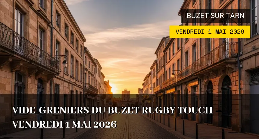 Affiche de l'événement : Vide-greniers du Buzet Rugby Touch – Vendredi 1 Mai 2026