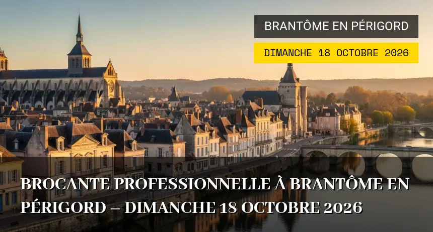 Affiche de l'événement : Brocante Professionnelle à Brantôme en Périgord – Dimanche 18 Octobre 2026