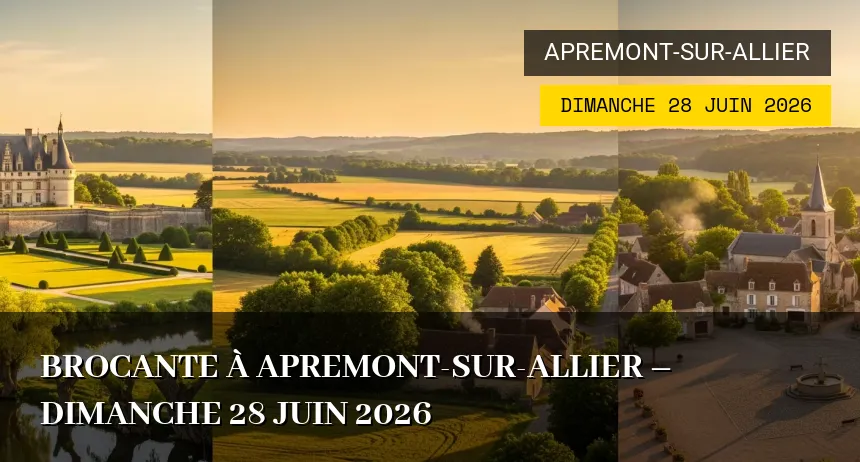 Affiche de l'événement : Brocante à Apremont-sur-Allier – Dimanche 28 Juin 2026