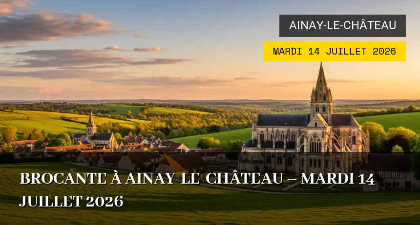 Affiche de l'événement : Brocante à Ainay-le-Château – Mardi 14 Juillet 2026