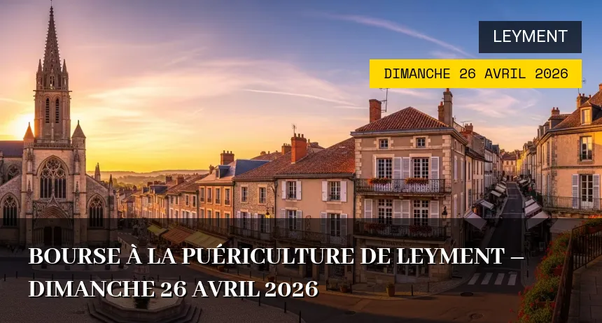 Affiche de l'événement : Bourse à la puériculture de Leyment – Dimanche 26 Avril 2026