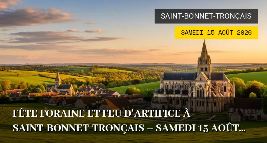 Affiche de l'événement : Fête Foraine et Feu d&rsquo;Artifice à Saint-Bonnet-Tronçais – Samedi 15 Août 2026