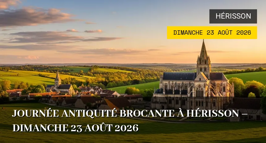 Affiche de l'événement : Brocante et Antiquités à Hérisson – Dimanche 23 Août 2026