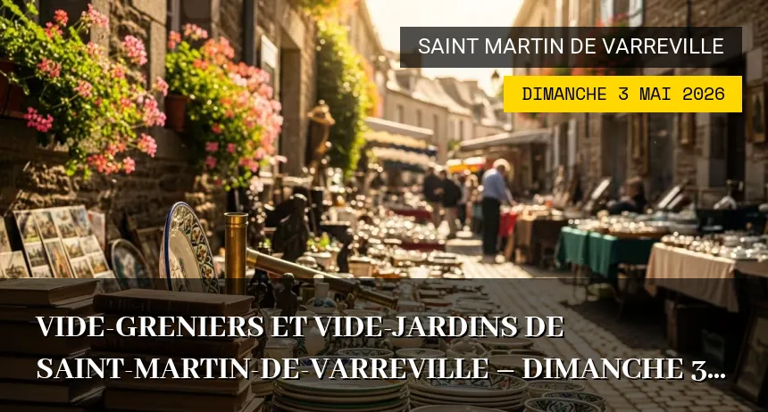 Affiche de l'événement : Vide-greniers et Vide-jardins de Saint-Martin-de-Varreville – Dimanche 3 Mai 2026