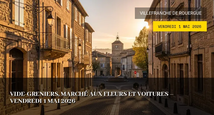 Affiche de l'événement : Vide-greniers, marché aux fleurs et voitures – Vendredi 1 Mai 2026