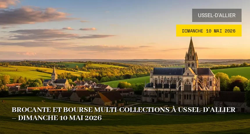 Affiche de l'événement : Brocante et Bourse Multi-collections à Ussel-d&rsquo;Allier – Dimanche 10 Mai 2026