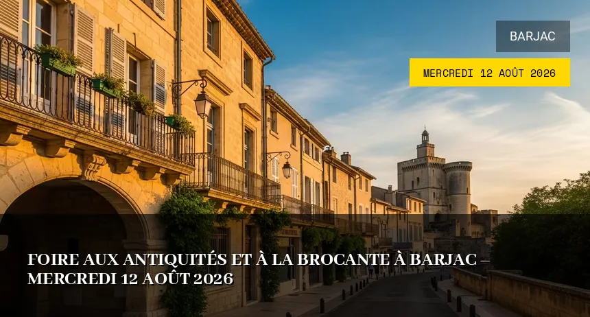 Affiche de l'événement : Foire aux antiquités et à la brocante à Barjac – Mercredi 12 Août 2026