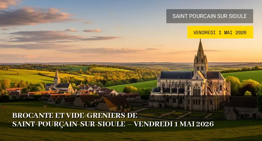 Affiche de l'événement : Brocante et vide-greniers de Saint-Pourçain-sur-Sioule – Vendredi 1 Mai 2026
