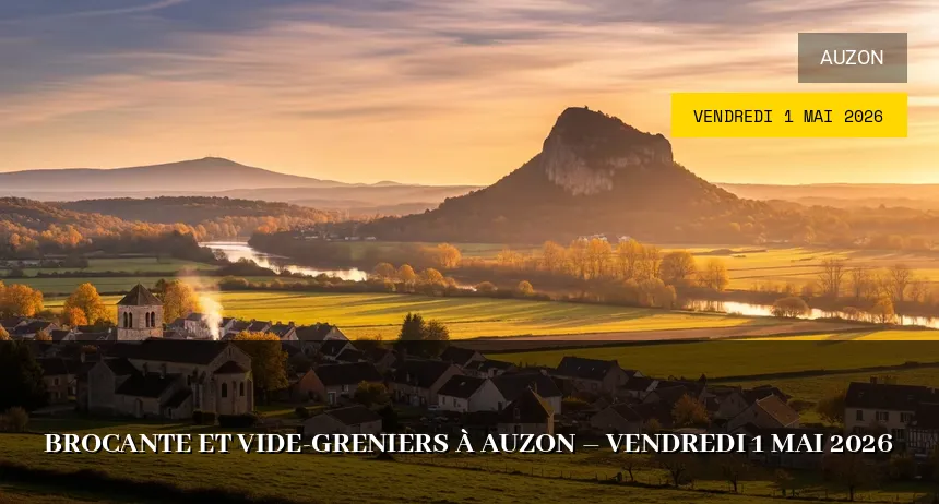 Affiche de l'événement : Brocante et Vide-Greniers à Auzon – Vendredi 1 Mai 2026